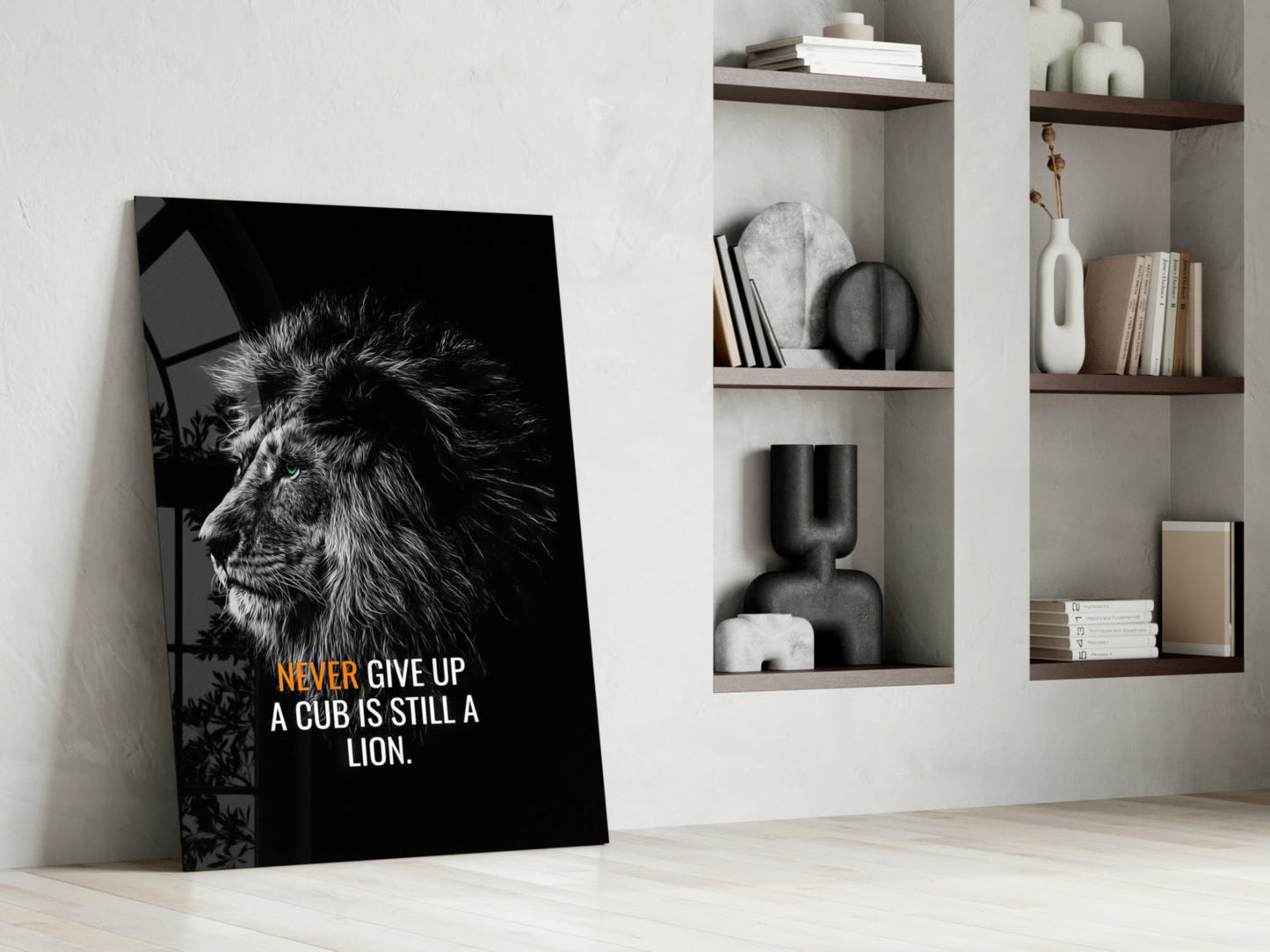 Never Give Up Lion Quote Glass Wall Art