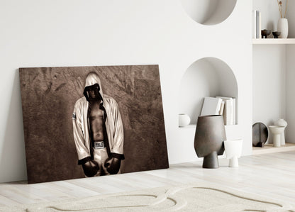 Hooded Boxer In White Robe Glass Wall Art