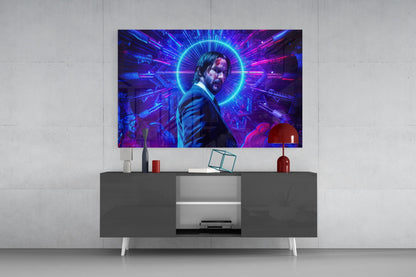Neon Ring Suited Man Purple Glass Wall Art