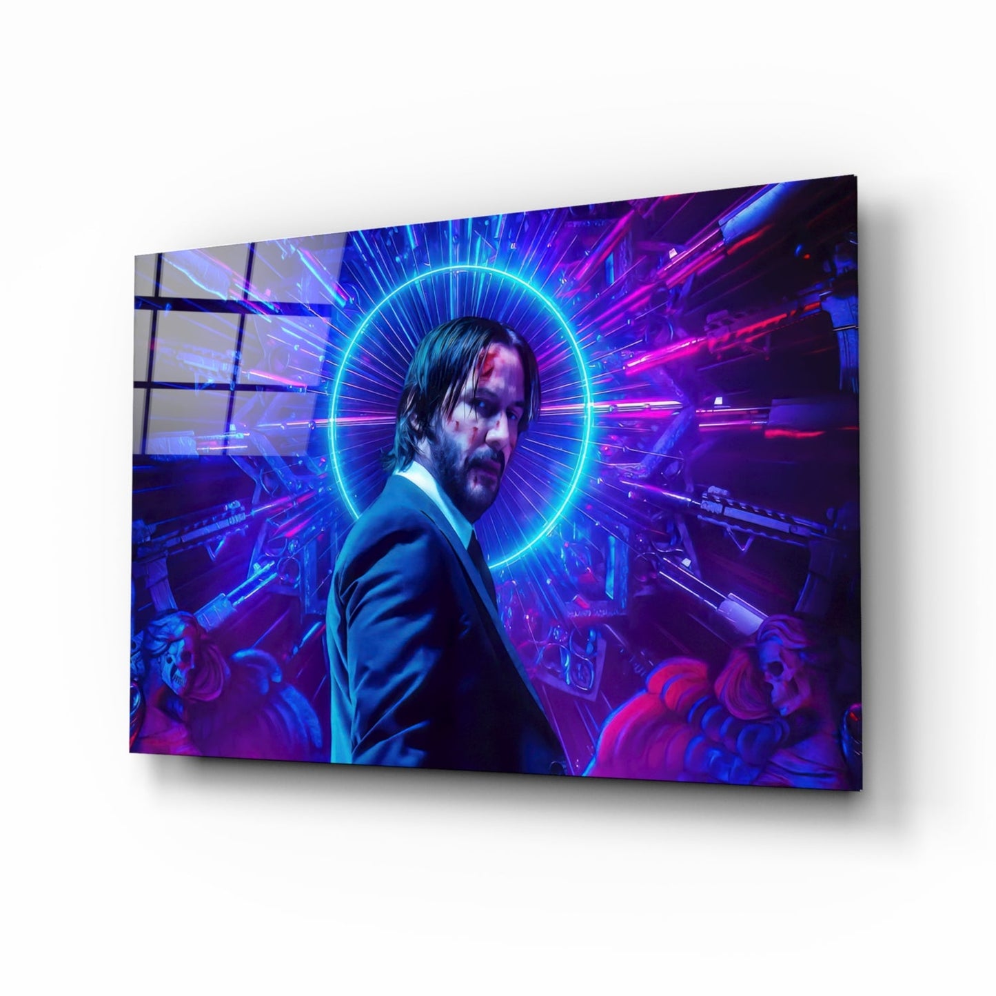 Neon Ring Suited Man Purple Glass Wall Art