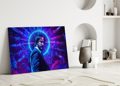 Neon Ring Suited Man Purple Glass Wall Art