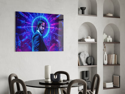 Neon Ring Suited Man Purple Glass Wall Art