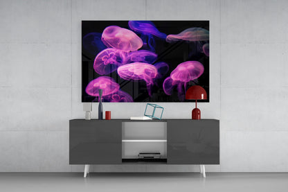 Pink Glowing Jellyfish Cluster Glass Wall Art
