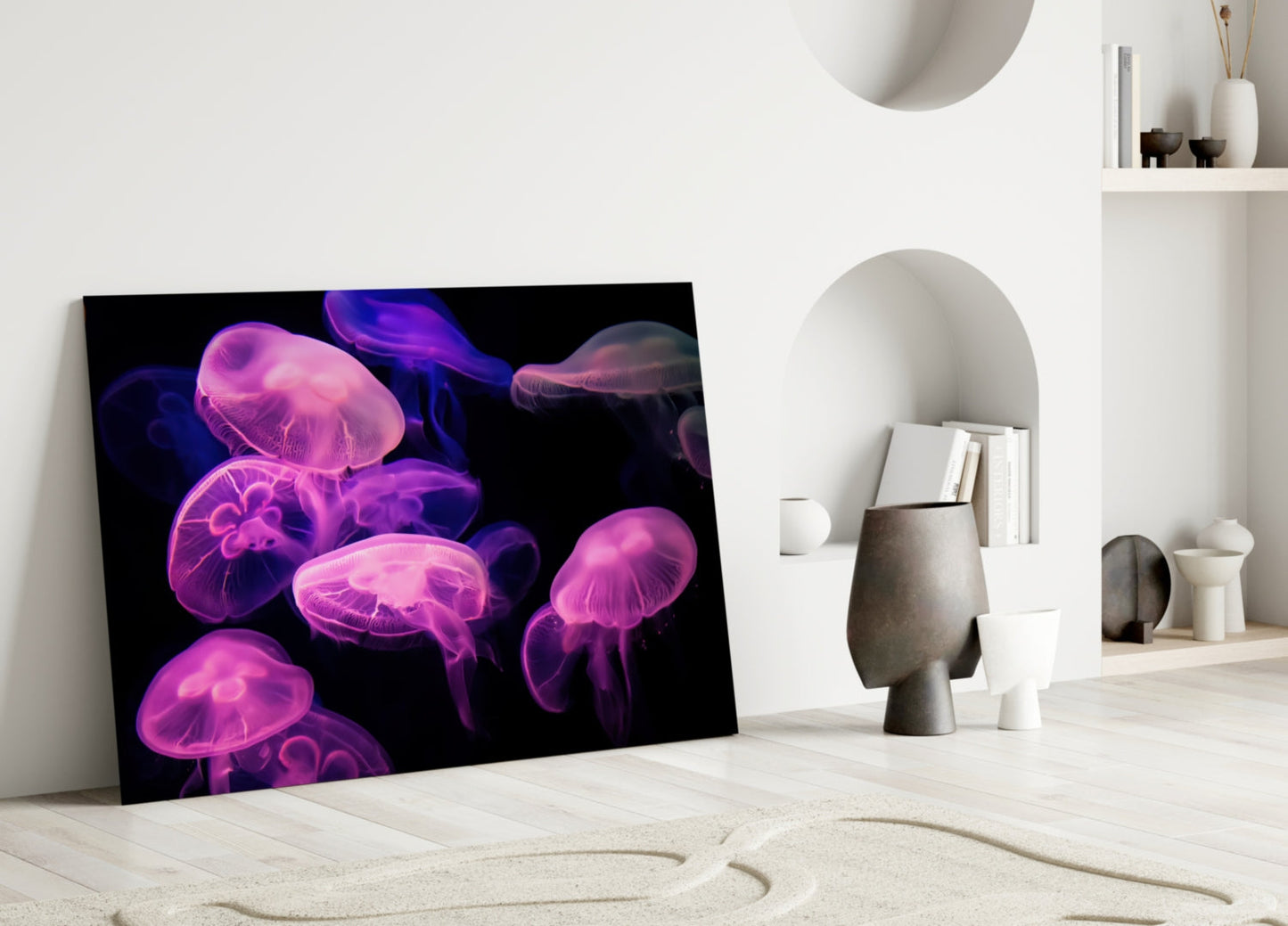 Pink Glowing Jellyfish Cluster Glass Wall Art