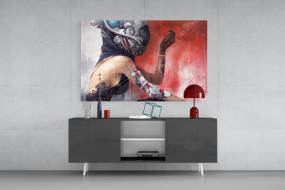 Transmutation Glass Wall Art mounted above gray media console, showing tattooed figure with mechanical arms against red and white gradient background.