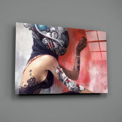 Glass wall art depicting an illustrated woman with cybernetic headpiece and tattooed arms against red and white gradient background.