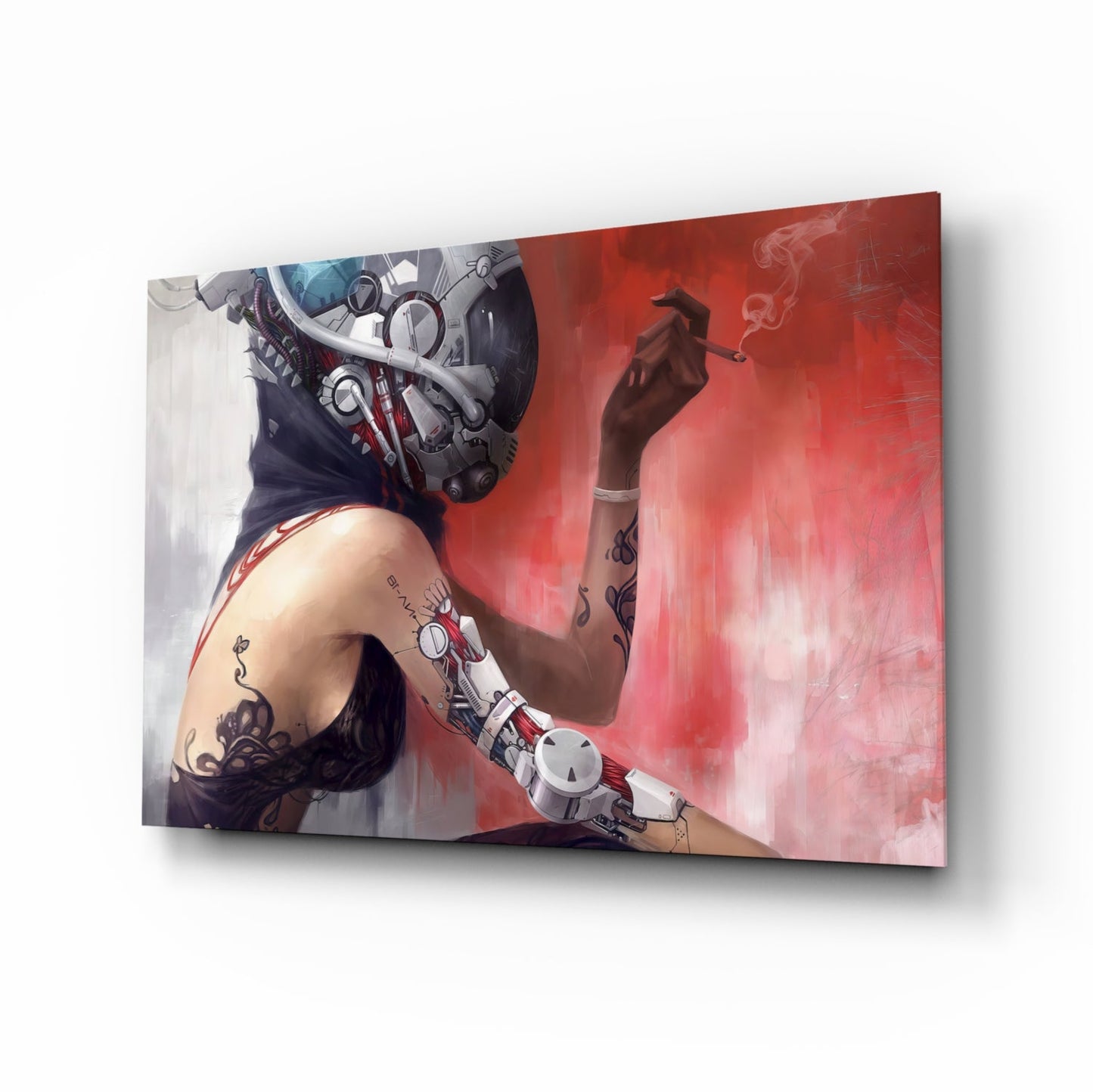 Glass wall art panel displaying illustrated figure with mechanical headpiece and ornate tattoos against red gradient background, angled perspective view.