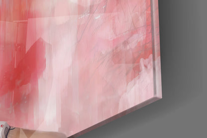 Close-up angled view of translucent pink and white glass wall art with layered abstract patterns and texture details.