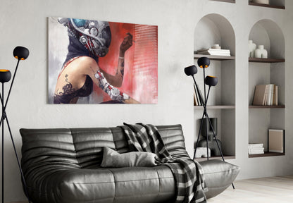 Modern living room with black leather sofa displaying Transmutation Glass Wall Art featuring tattooed figure with red and white tones above.