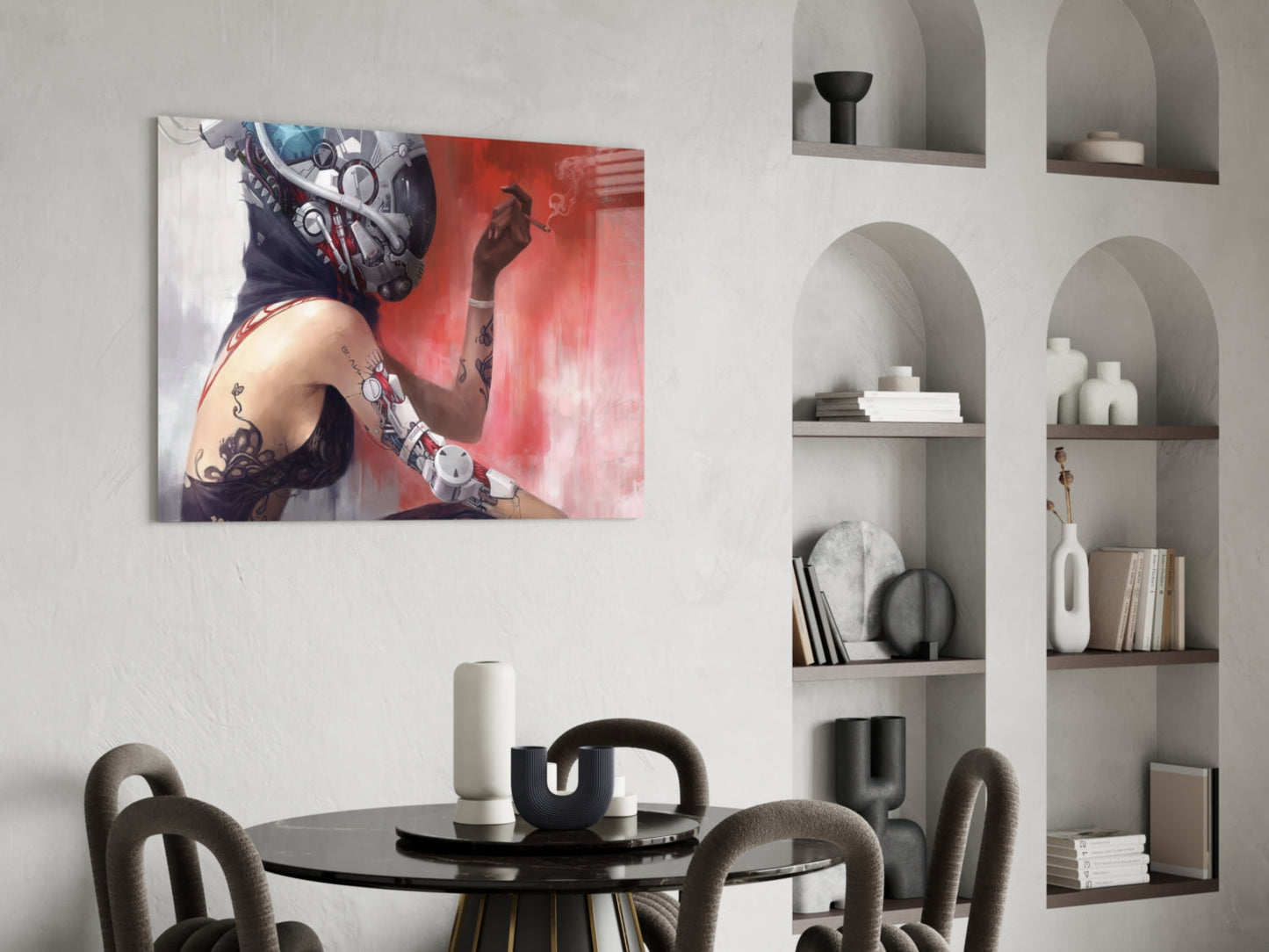 Transmutation glass wall art depicting a tattooed figure with mechanical elements against red background, displayed above round black dining table in modern interior.