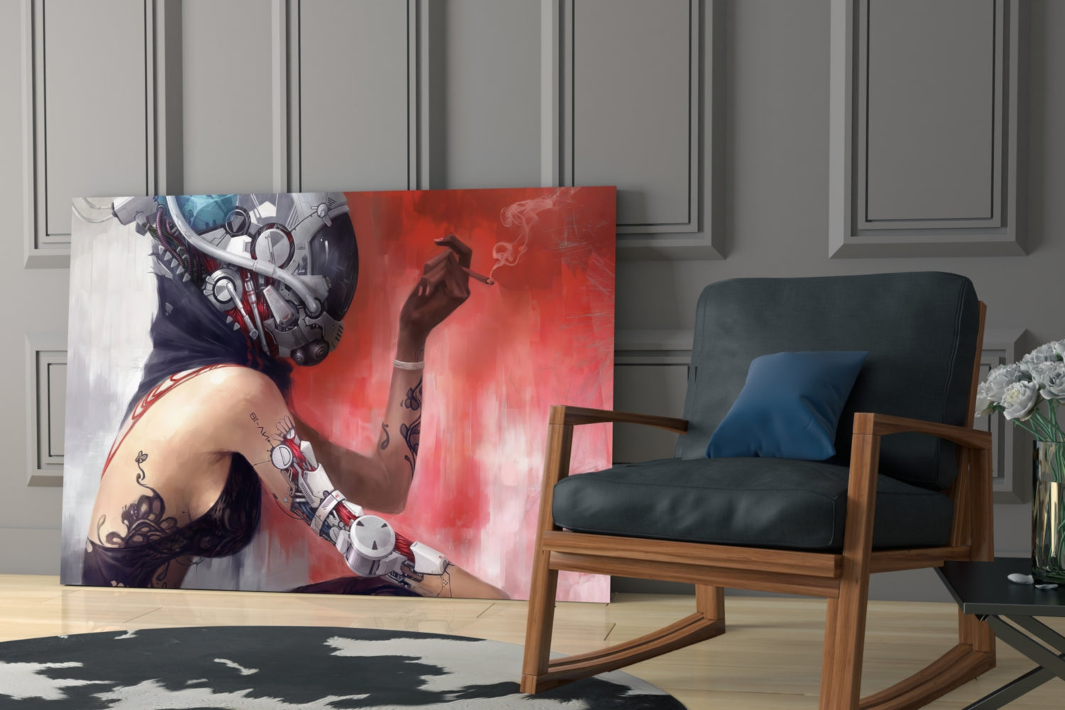Transmutation Glass Wall Art displayed in modern living room beside wooden chair, showing figure with tattoos and mechanical headpiece against red gradient background.