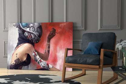 Transmutation Glass Wall Art displayed in modern living room beside wooden chair, showing figure with tattoos and mechanical headpiece against red gradient background.