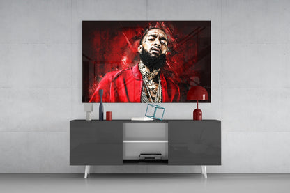 Crimson Backdrop Gold Chain Rapper Glass Wall Art