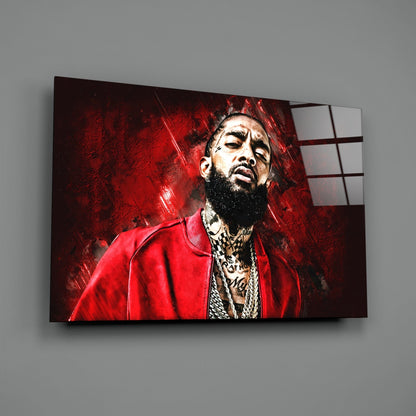 Crimson Backdrop Gold Chain Rapper Glass Wall Art