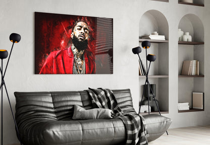 Crimson Backdrop Gold Chain Rapper Glass Wall Art