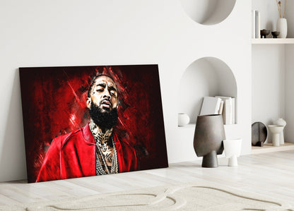Crimson Backdrop Gold Chain Rapper Glass Wall Art