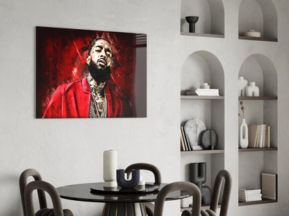 Crimson Backdrop Gold Chain Rapper Glass Wall Art