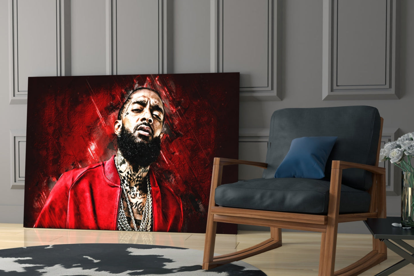 Crimson Backdrop Gold Chain Rapper Glass Wall Art