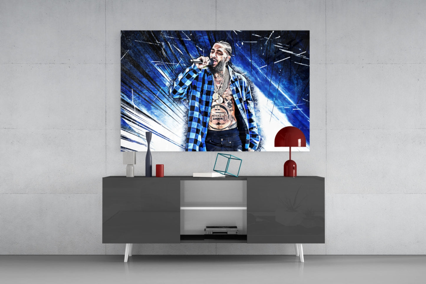 Blue Burst Plaid Shirt Rapper Glass Wall Art