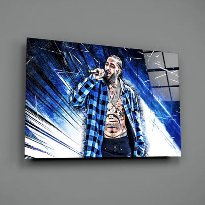 Blue Burst Plaid Shirt Rapper Glass Wall Art