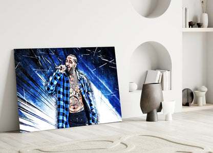Blue Burst Plaid Shirt Rapper Glass Wall Art