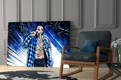 Blue Burst Plaid Shirt Rapper Glass Wall Art