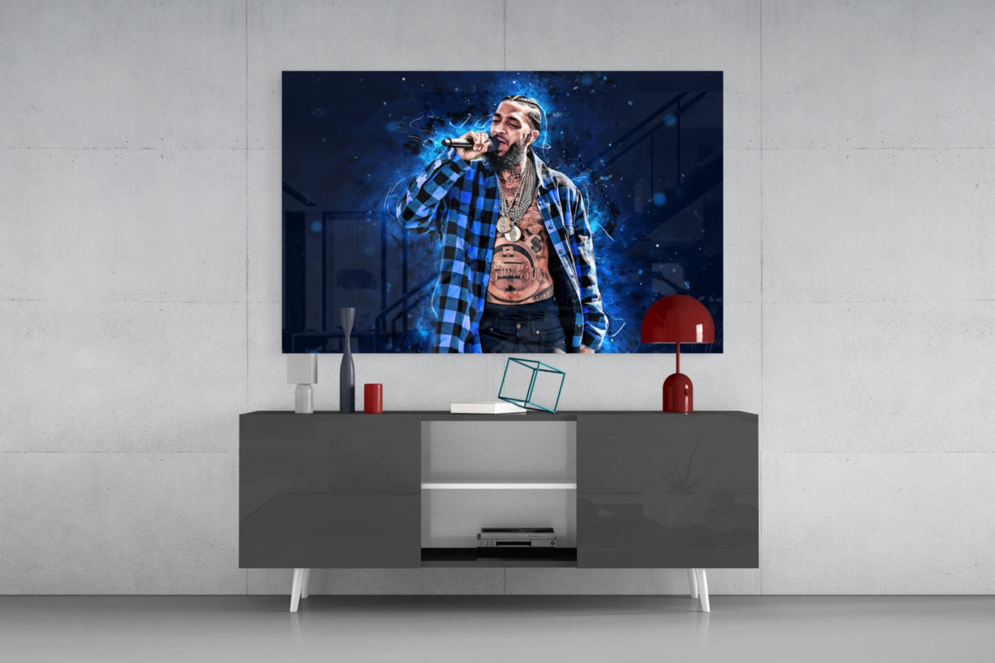 Midnight Blue Smoke Mic Rapper Glass Wall Art