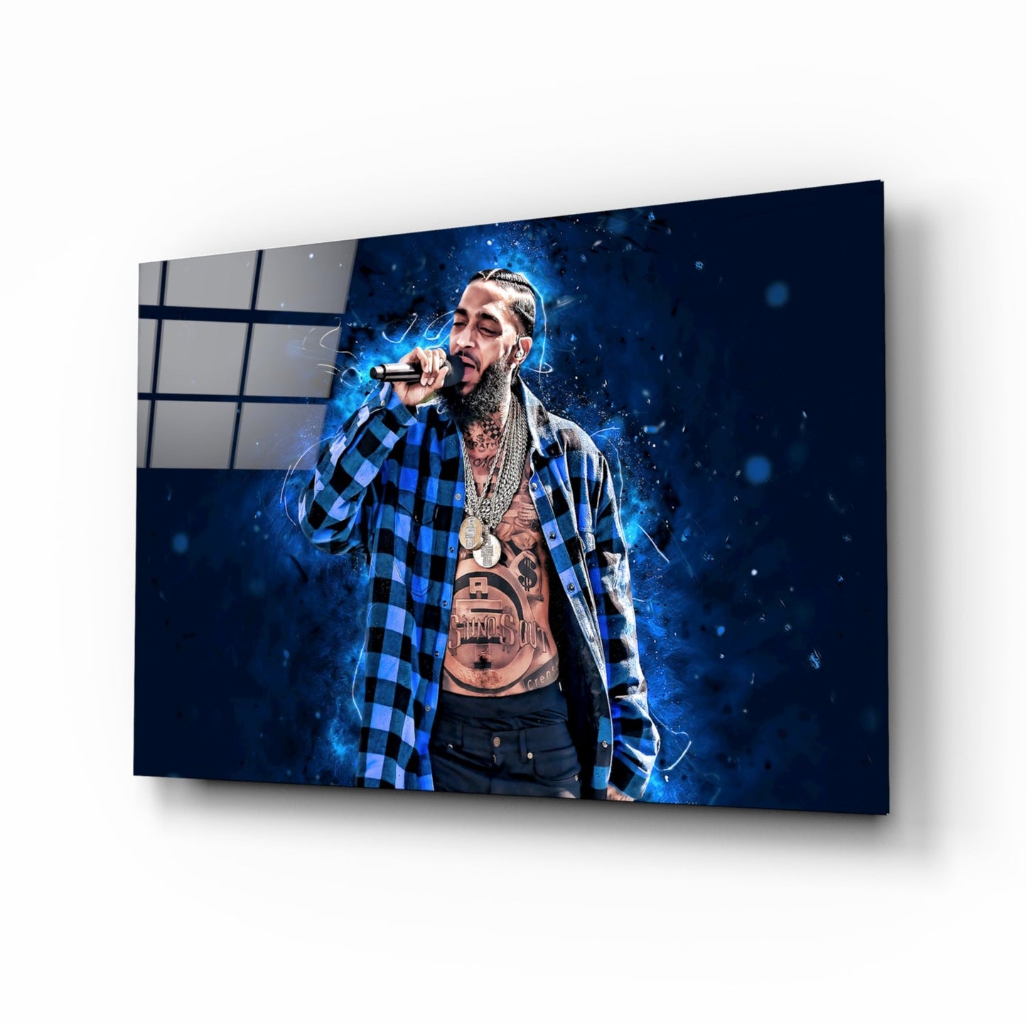 Midnight Blue Smoke Mic Rapper Glass Wall Art