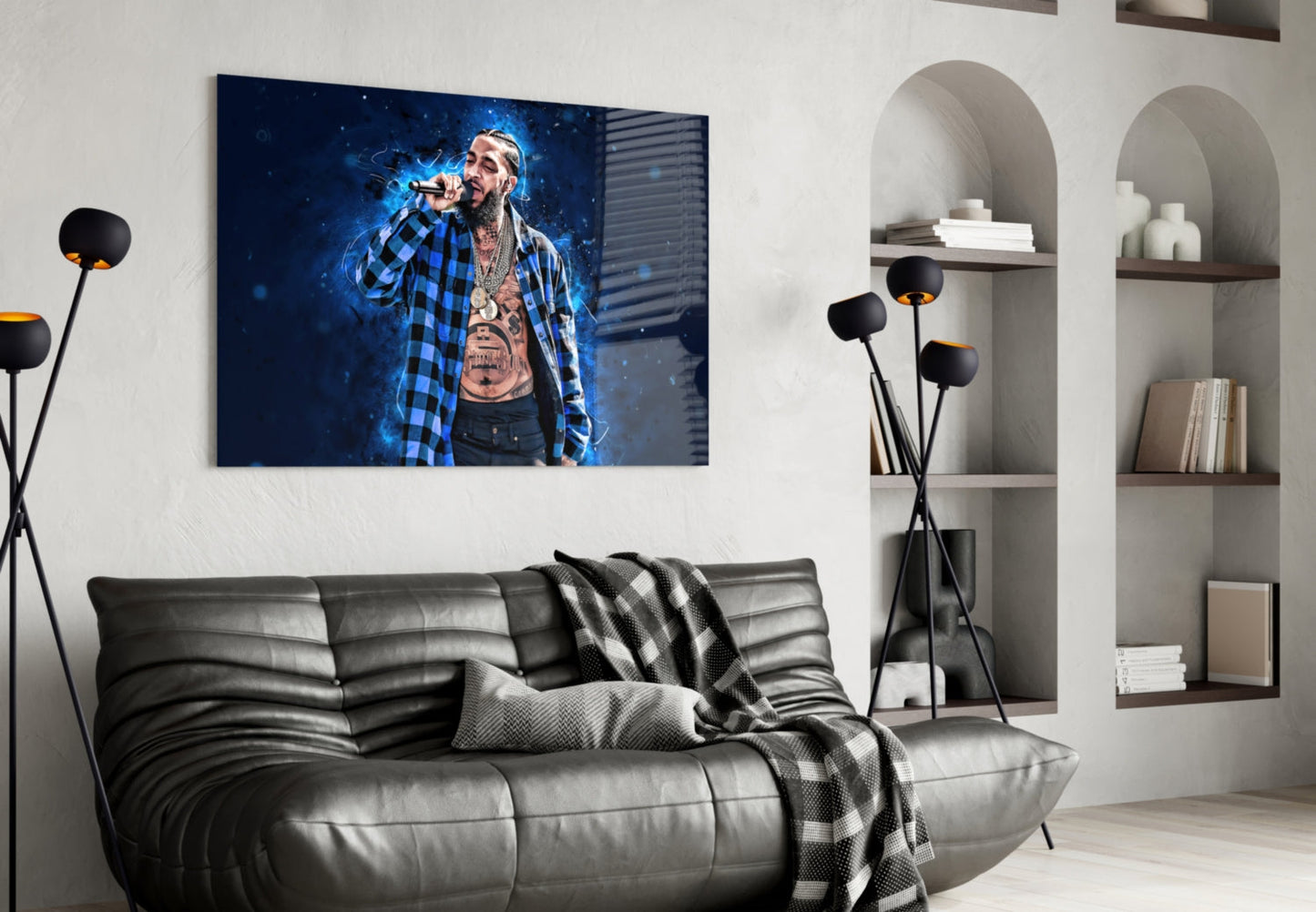 Midnight Blue Smoke Mic Rapper Glass Wall Art