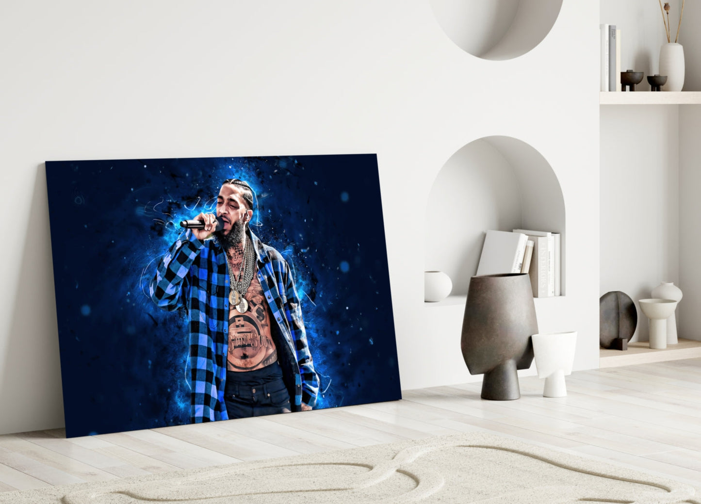 Midnight Blue Smoke Mic Rapper Glass Wall Art