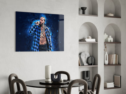 Midnight Blue Smoke Mic Rapper Glass Wall Art