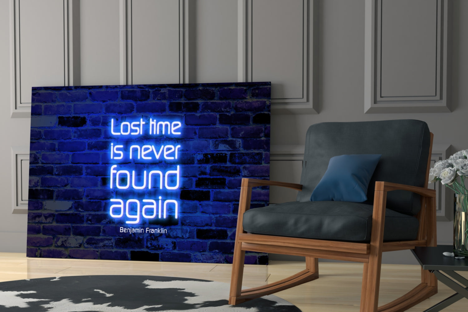 Neon blue glass wall art displaying Benjamin Franklin quote "Lost time is never found again" mounted in modern living room beside wooden chair.