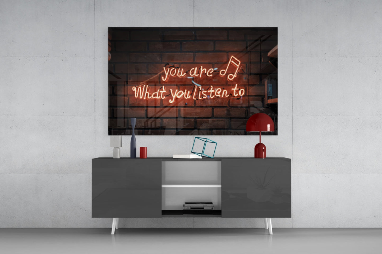 Neon Sign You Are What You Listen To Glass Wall Art