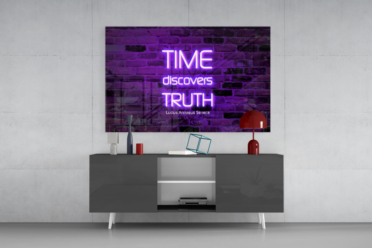 Modern living room setup with neon purple glass wall art displaying "TIME discovers TRUTH" quote above dark gray media console.