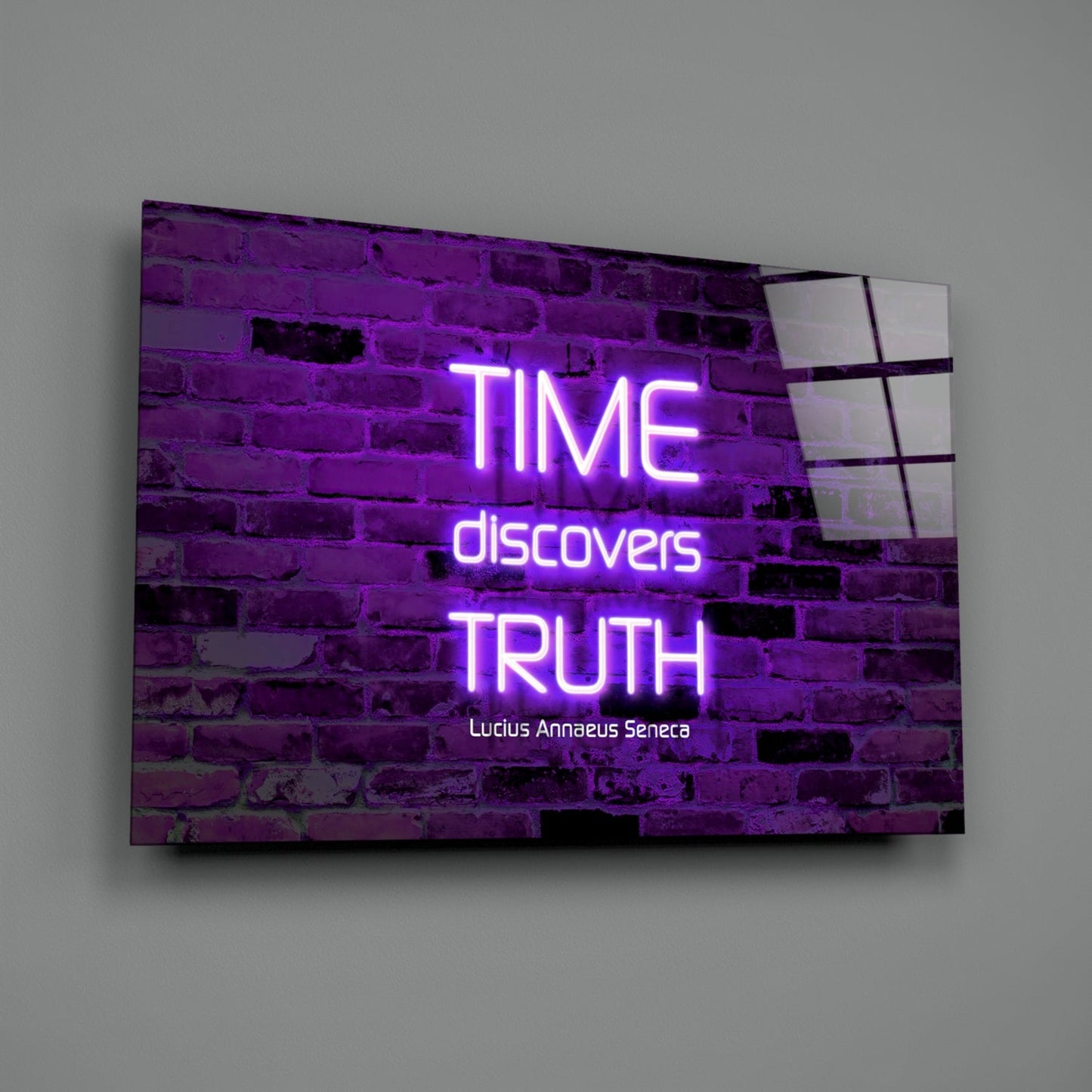 Purple neon sign on brick wall displaying "TIME discovers TRUTH" with Seneca attribution, mounted on glass panel.