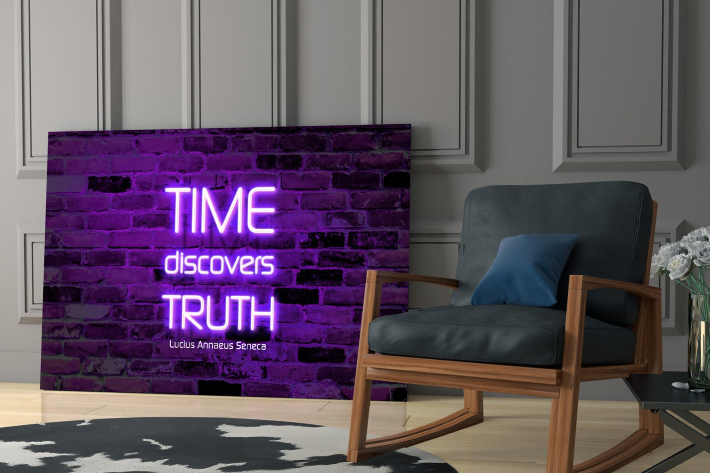 Purple neon glass wall art displaying "TIME discovers TRUTH" quote in modern living room setting with wooden chair.