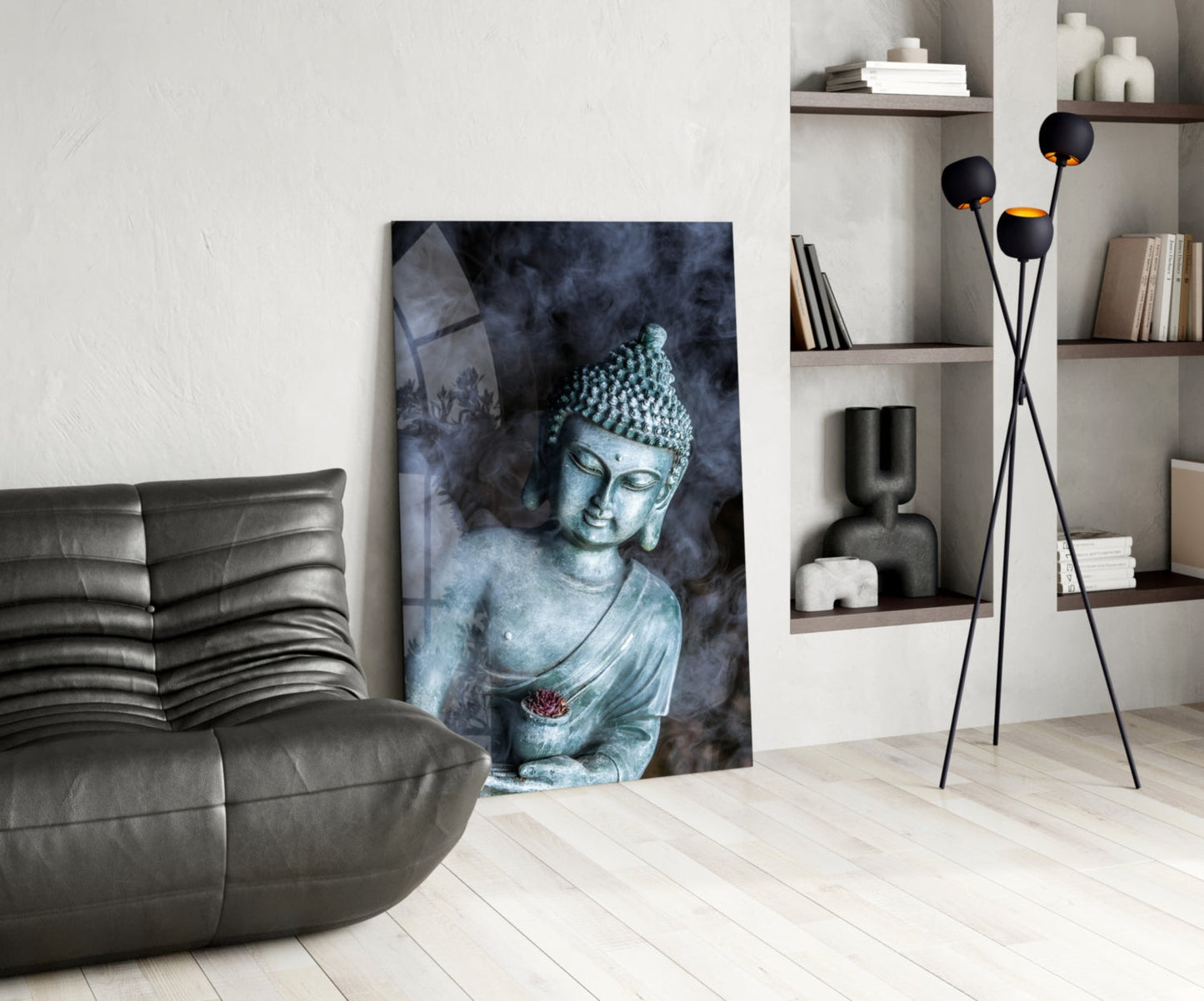 Smoky Jade Buddha Statue Glass Wall Art
