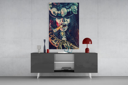 Skeleton portrait glass wall art with skull, red fabric, and gold accents displayed above a dark gray console table.