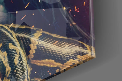 Close-up angled view of glass wall art featuring a detailed eagle's head and wing in gold and black tones against a dark background with sparks.