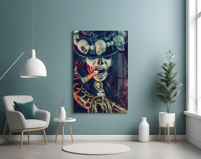 Cigar Glass Wall Art canvas displayed on pale blue wall above white chair, showing skull-faced skeleton in top hat smoking cigar with gold ornaments.