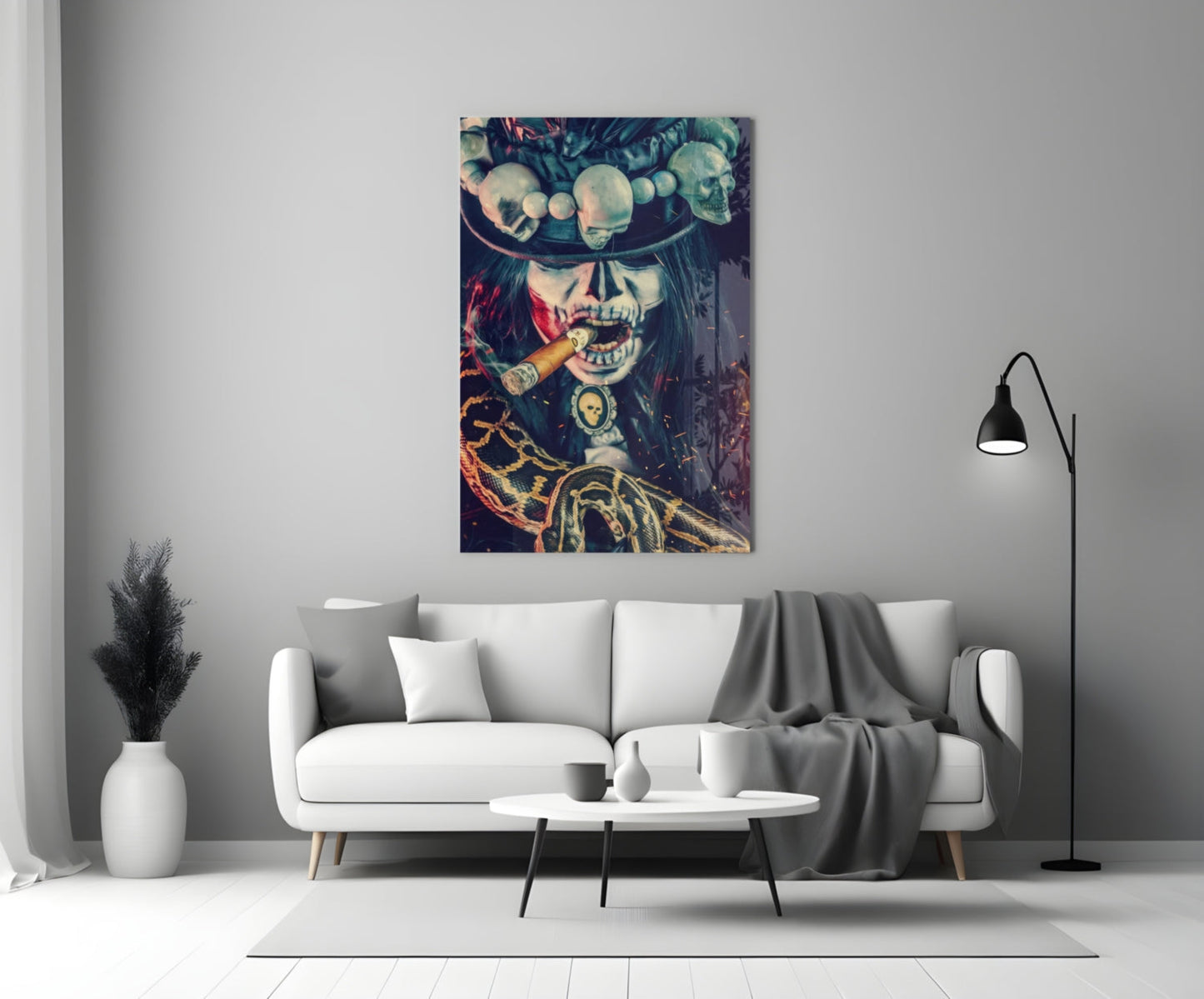 Skull-themed cigar glass wall art with gold detailing and red accents displayed above a white sofa in a modern living room.