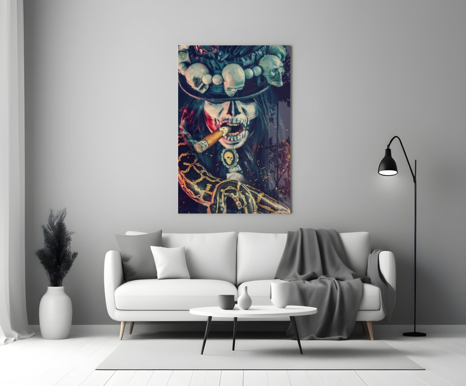 Skull-themed cigar glass wall art with gold detailing and red accents displayed above a white sofa in a modern living room.
