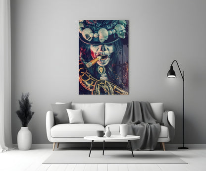 Skull-themed cigar glass wall art with gold detailing and red accents displayed above a white sofa in a modern living room.