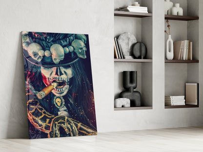 Canvas artwork leaning against white wall displays skull with cigar, surrounded by built-in shelving holding decorative objects and books.