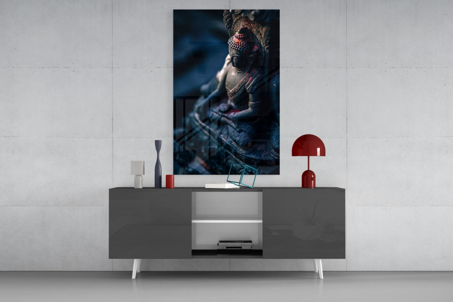 Moody Blue Deity Statue Glass Wall Art