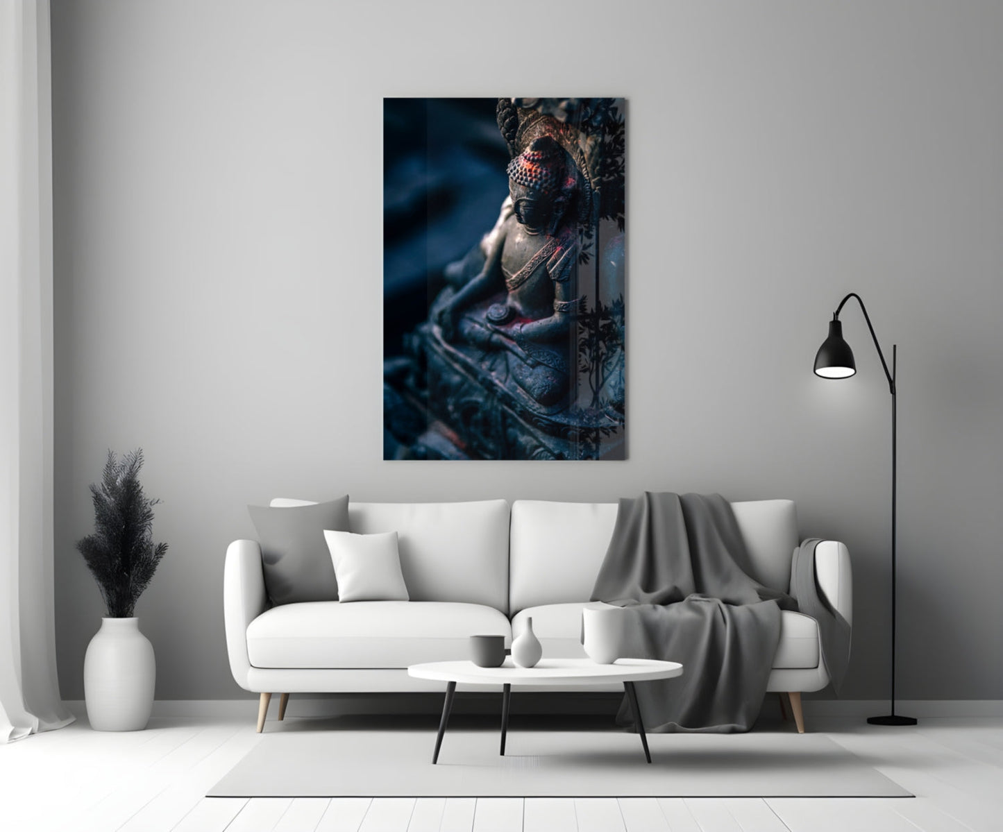 Moody Blue Deity Statue Glass Wall Art