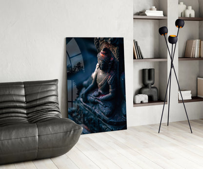 Moody Blue Deity Statue Glass Wall Art