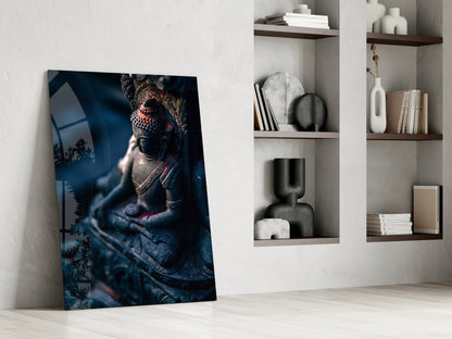Moody Blue Deity Statue Glass Wall Art