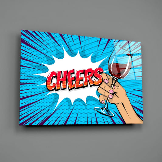Pop art canvas displaying a hand holding a wine glass with "CHEERS" text against a blue radial striped background, angled perspective view.