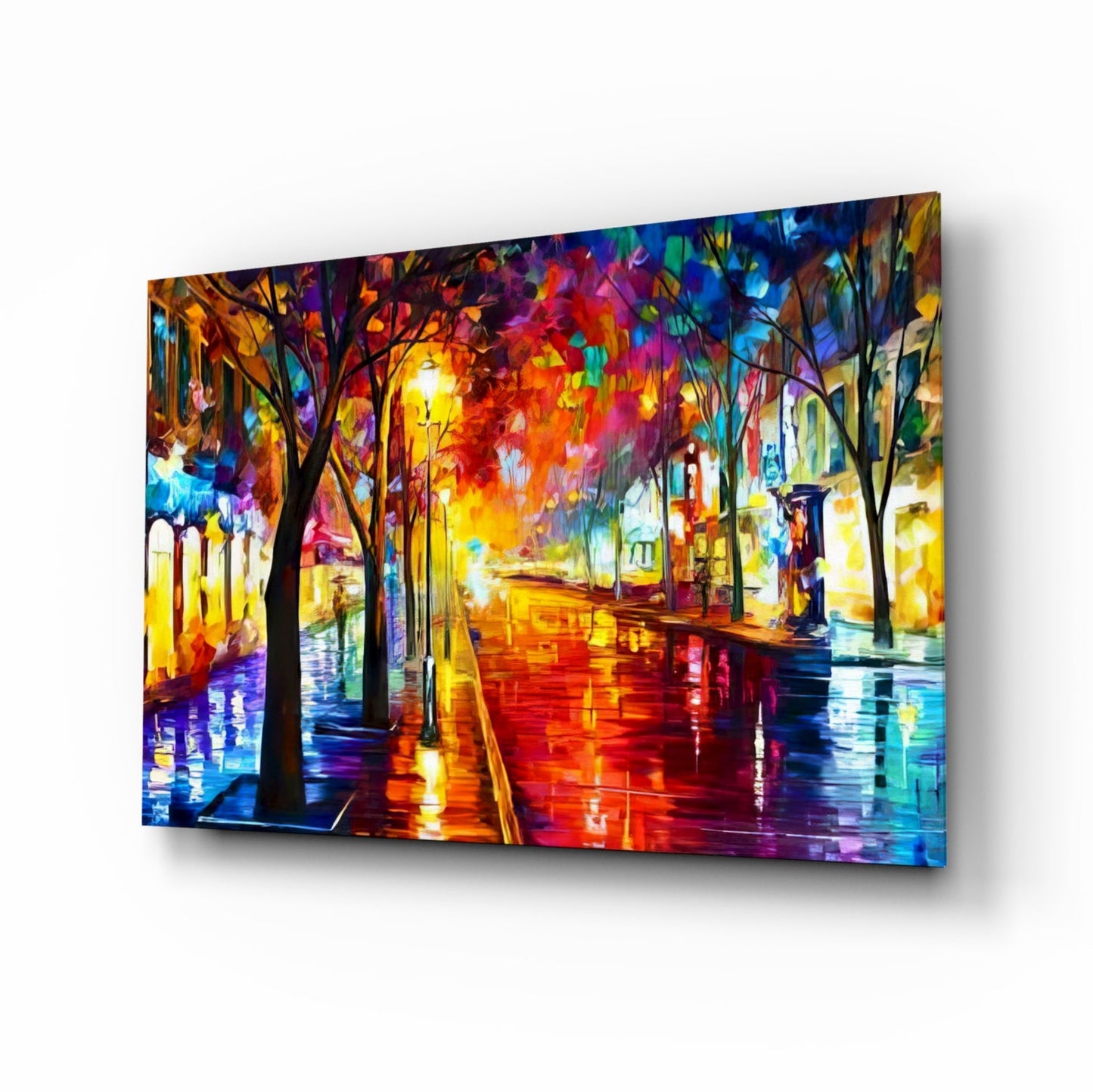 Angled perspective view of illuminated glass wall art depicting a colorful rainy street scene with vibrant trees, buildings, and wet reflections.